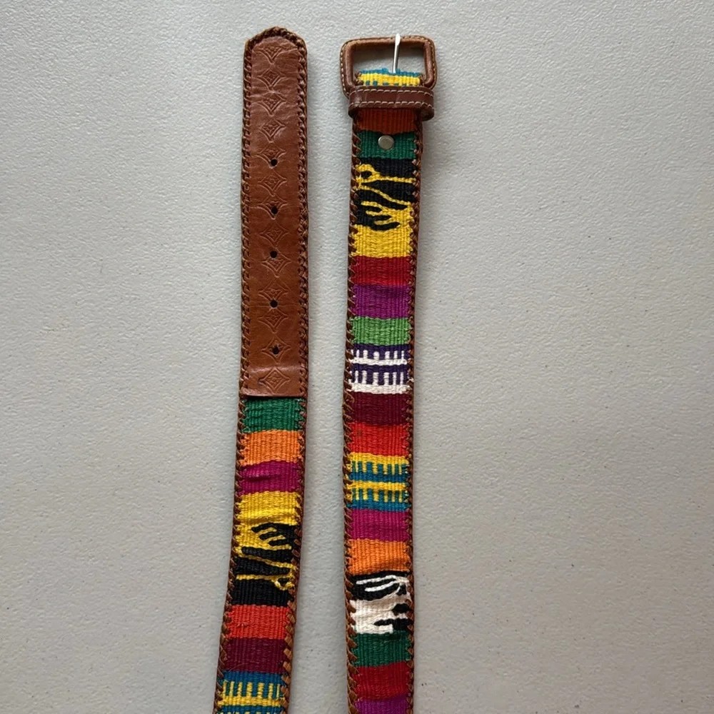 Colorful Woven Strap Belt with Brown Leather Trim handmade Guatemala 37 inches